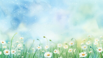 Obraz na płótnie Canvas A field with daisies watercolor illustration. Card background frame. Copy space.