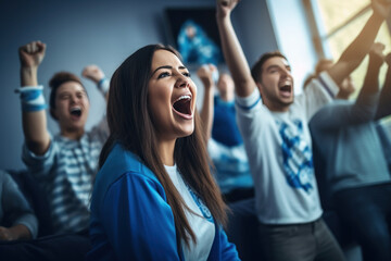 A female sports fan is happy with a group of friends, many cheering together happily and excited to watch their favorite football team. Cheering sports fans wear blue and white cheer team shirts.