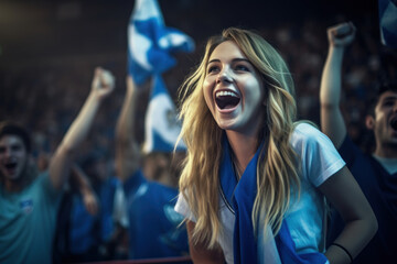 A female sports fan is happy with a group of friends, many cheering together happily and excited to watch their favorite football team. Cheering sports fans wear blue and white cheer team shirts.