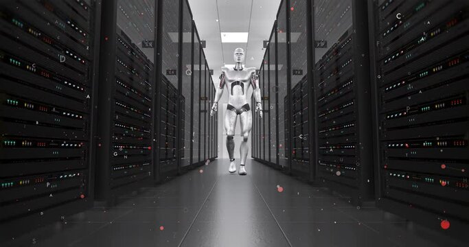 AI Controlled Modern Robot Confidently Walking In Data Center. Technology Related 3D Animation.