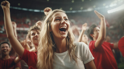 A female sports fan is happy with a group of friends, many cheering together happily and excited to watch their favorite football team. Cheering sports fans wear red and white cheer team shirts.