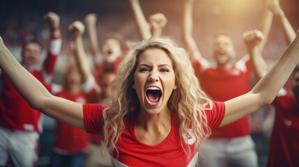 A female sports fan is happy with a group of friends, many cheering together happily and excited to watch their favorite football team. Cheering sports fans wear red and white cheer team shirts.