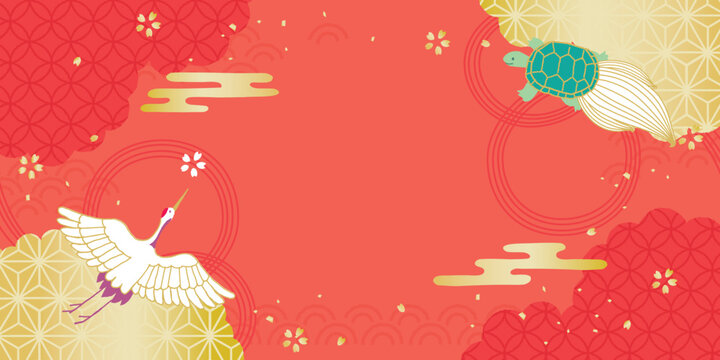 お正月　和柄背景イラスト　鶴と亀