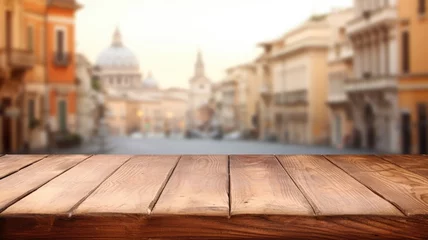 Fototapeten The empty wooden table top with blur background of Rome street. Exuberant image. generative AI © Summit Art Creations