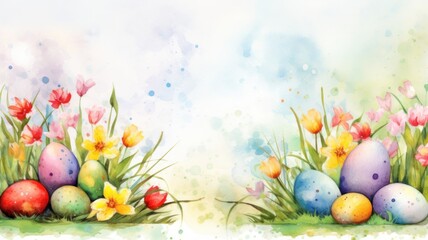 Spring flowers and colored eggs. Easter watercolor illustration. Card background frame. Copy space.