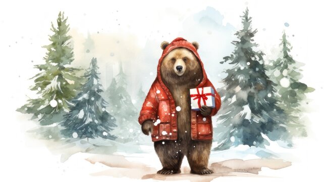 Festive teddy bear in a hat and scarf with a gift in its paws in the forest. Christmas watercolor illustration. Card background frame.