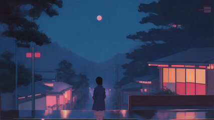 Japanese in 1980 at night, in 1980s city pop style, japanese culture, city pop, sad mood, melancholic mood suggestive of loneliness and anticipation. painting art