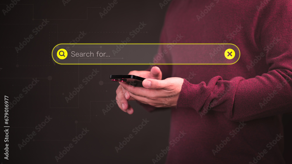 Poster User using a smartphone clicking internet search bar. SEO technology networking engine optimization internet with search bar. Searching browsing internet data information concept.