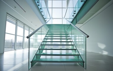 Glass Staircase in a Modern Building: A sleek glass staircase in a contemporary architectural setting.