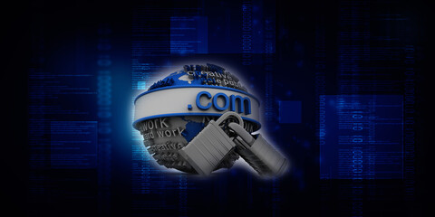 3d illustration globe with word dot com protection lock