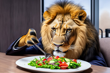 レストランでサラダを食べるライオンのオス - obrazy, fototapety, plakaty