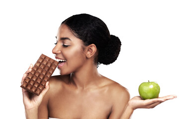 Woman, chocolate and apple as decision or diet choice, isolated on transparent png background....