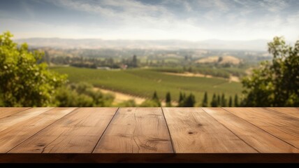 The empty wooden brown table top with blur background of Napa hill landscape. Exuberant image....