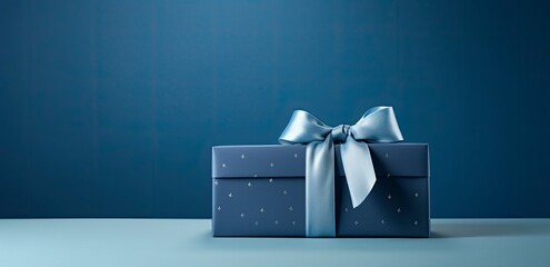 Elegant Small Luxury Blue Gift Box with Bow on Matching Table Background.