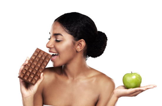 Woman, chocolate and apple as decision or diet choice, isolated on transparent png background. Indian person, candy and fruit or discipline health balance as sugar craving, lose weight or sweet snack - Powered by Adobe