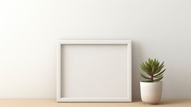 One photo frames and a pot of succulent plants on a white shelf.
