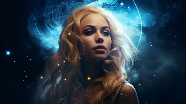 Blonde girl (Pleiadian) against the backdrop of space.