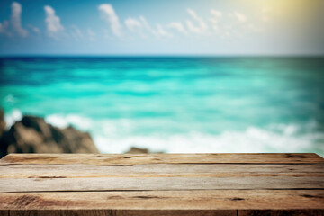 Fototapeta na wymiar Table top view with blurred seascape summer beach background. Flawless generative ai