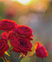 red roses at the evening sun rays, defocused blurred background