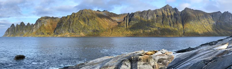 Papier Peint photo Lavable Europe du nord beautiful panorama with peak mountains  devil's teeth and sea  in Senja island in Norway