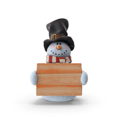 Snowman holding wood pallet on  on transparent background