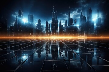 Cyber dark night city landscape background. Light glowing on dark scene by Generative AI