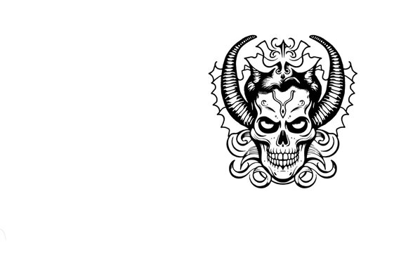 ,Devil skull, horned skull, viking skull ,Dark Art Gothic Skull Demon Horn Vintage Tattoo bones in hand drawing style 