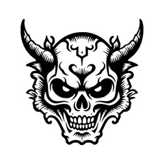 ,Devil skull, horned skull, viking skull ,Dark Art Gothic Skull Demon Horn Vintage Tattoo bones in hand drawing style 