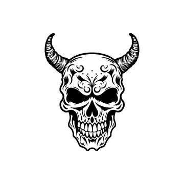 recommend clip art: ,Devil skull, horned skull, viking skull ,Dark Art Gothic Skull Demon Horn Vintage Tattoo bones in hand drawing style 