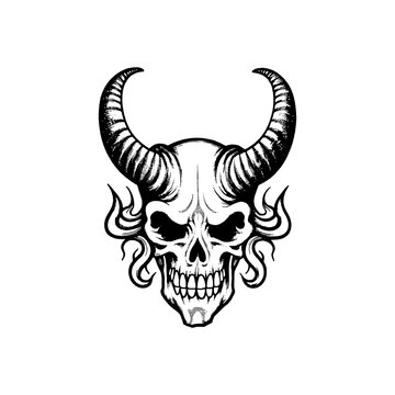 recommend clip art: ,Devil skull, horned skull, viking skull ,Dark Art Gothic Skull Demon Horn Vintage Tattoo bones in hand drawing style 