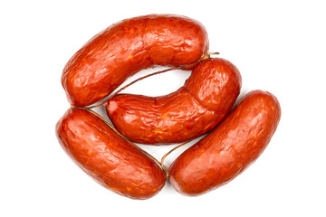 Sausages with cheese inside isolated on white background. Smoked Belgian sausages.