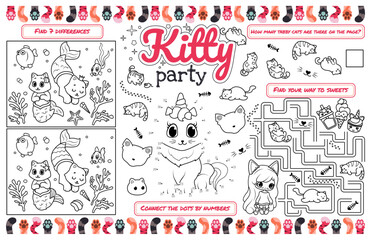 Funny festive placemat for children. Print out the "Kitty Party" sheet with a labyrinth, connect the dots, and find the differences. 	