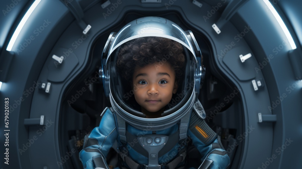 Wall mural portrait of a astronaut child with the spacesuit and helmet in the spaceship background.