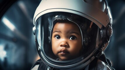 Portrait of a astronaut child with the spacesuit and helmet in the spaceship background.