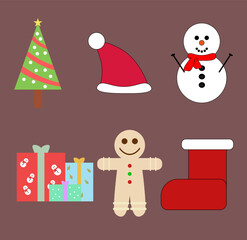 A set of Christmas icons. Christmas tree. Christmas hat. Snowman. Gifts. Gingerbread man cookie. Santa claus sock.