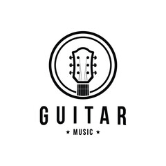 Retro style vintage guitar musical instrument logo design idea with label circle