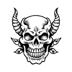Devil skull, horned skull, viking skull ,Dark Art Gothic Skull Demon Horn Vintage Tattoo bones in hand drawing style