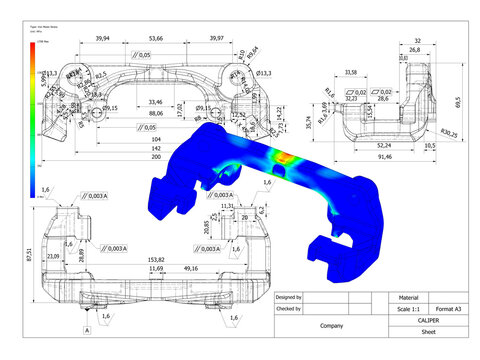 caliper car technical design ,forces applied fem finite analysis, engineering testing before manufacturing