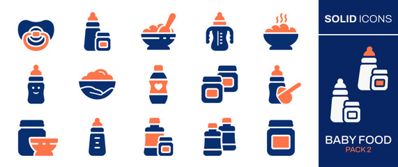 Baby food icon set. Collection of bottle, spoon, jar, powder, plate and more. Vector illustration. Easily changes to any color.
