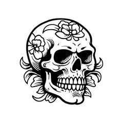 Skull Rose Dark illustration Devil Demon Horror Bone Skull Hand drawn head Hatching symbol Tattoo Merch Vintage Vector