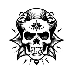 Skull Rose Dark illustration Devil Demon Horror Bone Skull Hand drawn head Hatching symbol Tattoo Merch Vintage Vector