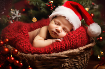 Obraz na płótnie Canvas Newborn baby in a santa hat sleeps in a wicker cradle under a Christmas tree