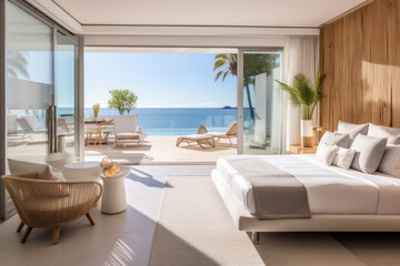 Fototapeta premium Seamless Indoor-Outdoor home with a Modern Beachfront Bedroom Aesthetic