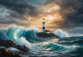 lighthouse on a stormy day with crashing waves, oil on canvas by james a bo