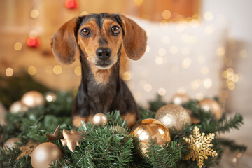 Dachshund is laying in a wreath with fir green and golden Christmas balls with a little Christmas...