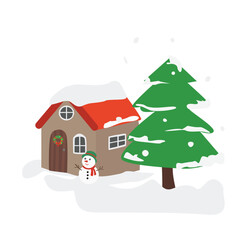 Winter landscape. Snow house. House and tree in winter snow. Merry christmas and happy new year clip art. Flat vector in cartoon style isolated on white background.
