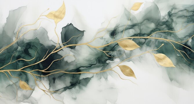 Green and Gold Leaves Watercolor with Mountainous Vistas on a White Background.