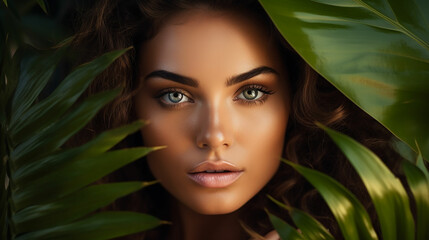 Portrait of young and beautiful woman with perfect smooth skin in tropical leaves. Concept of natural cosmetics and skincare. Made with generative ai - obrazy, fototapety, plakaty