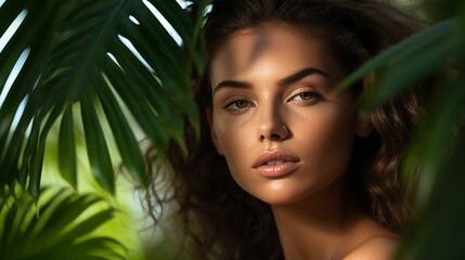 Portrait of young and beautiful woman with perfect smooth skin in tropical leaves. Concept of natural cosmetics and skincare. Made with generative ai