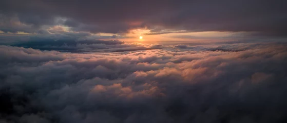 Afwasbaar Fotobehang Cappuccino Panorama shot of colorful light of sunrise over rainforest mountains with fog and cloud inversion for natural cinematic of national park and wildlife reserve area